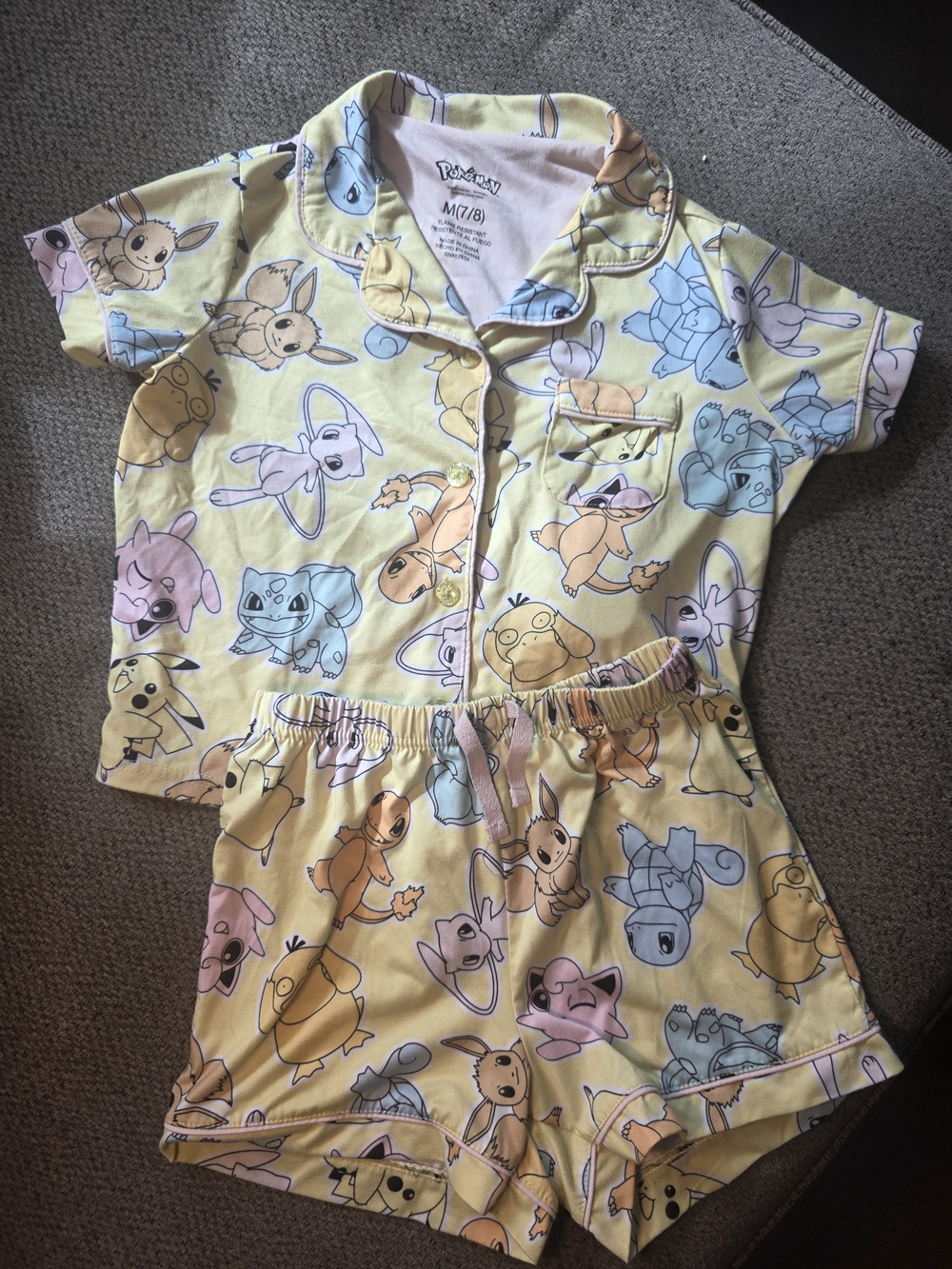 Pokemon Yellow Short Sleeve Kids Pajama Set with Pastel Character Prints